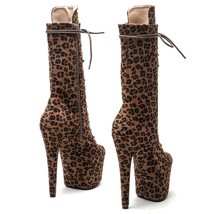 Leecabe Leopard suede materials 17CM/7inches Pole dancing shoes High Heel platform Boots closed toe Pole Dance boots