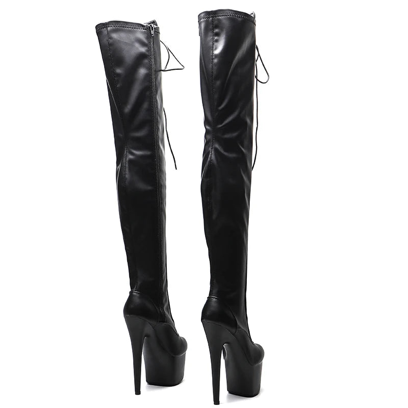 Leecabe 17CM/7 pouces Mat PU Tige sexy cuissardes à lacets Talon haut plateforme Pole Dance Boot