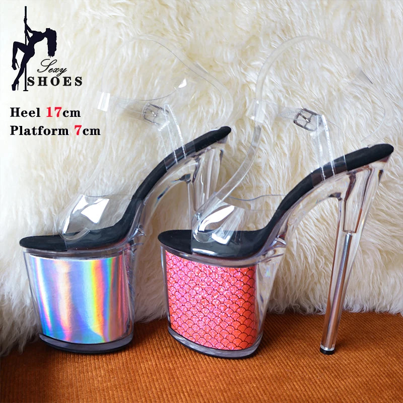 Sandales à talons hauts pour femmes de 17 cm/7 pouces de haute qualité, chaussures à plateforme transparente à paillettes, chaussures de pole dance, mariage