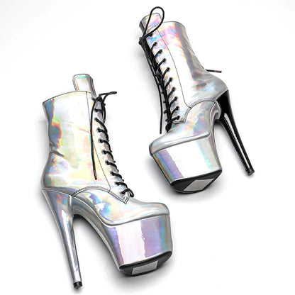 Leecabe Holo Shiny PU Upper 17CM/7 pouces Chaussures de pole dance Bottes à talons hauts Chaussures de pole dance