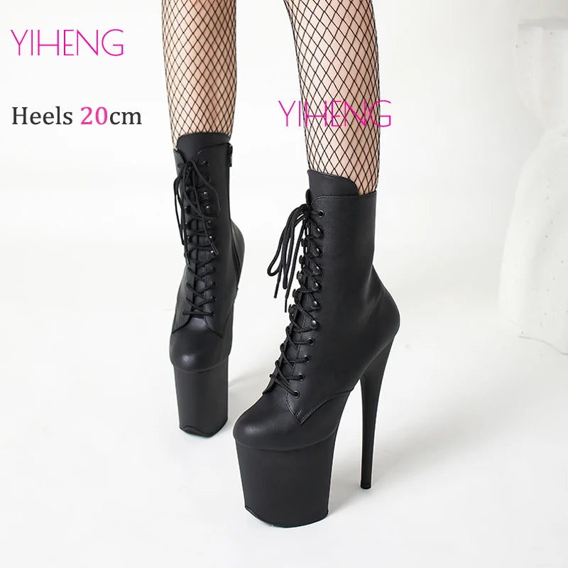 Ultra High Heels 20CM Round Toe Nightclub Catwalk Platform Boots Pole Dance Stripper Party Shoes Sexy Black Women Ankle Boots