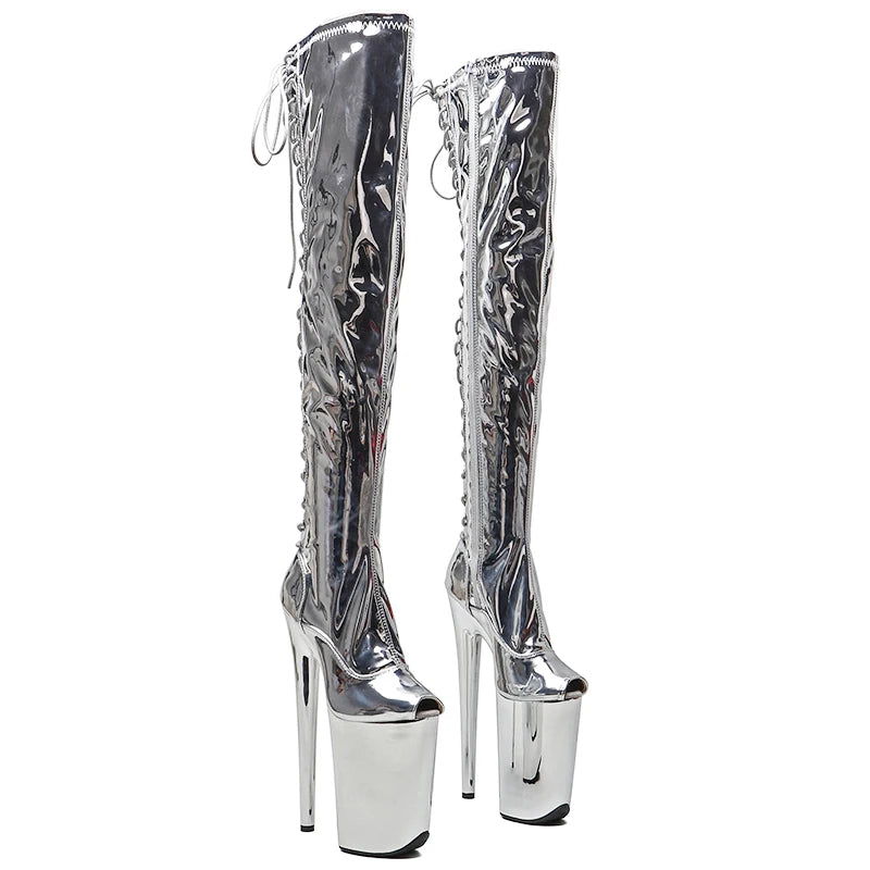 Leecabe 23CM/9 pouces Tige en PU brillant Bottes sexy Petit bout ouvert Argent électroplaqué Talons hauts Plateforme Pole Dance chaussures