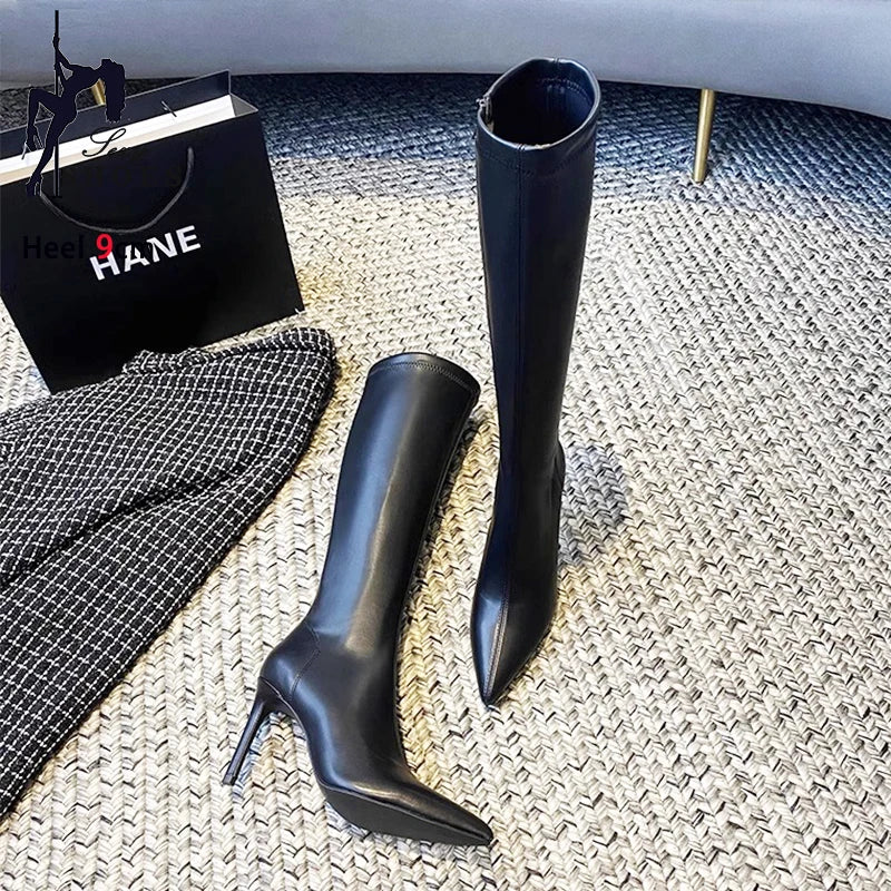 7CM 9CM Stiletto Heels Womens Pointed Toe Boots Side Zipper Spring Autumn Slim Lge Shoes Black Mid-Calf Boots Female Size 35-39