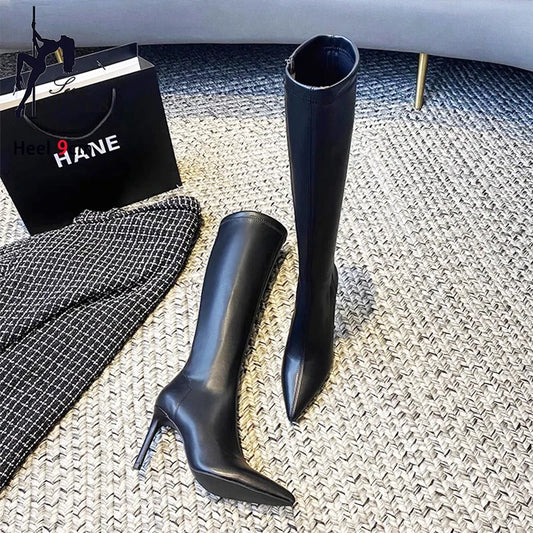 7CM 9CM Stiletto Heels Damen Spitzschuh Stiefel Seitlicher Reißverschluss Frühling Herbst Schlanke Große Schuhe Schwarze Stiefel mit mittlerer Wade Damen Größe 35-39