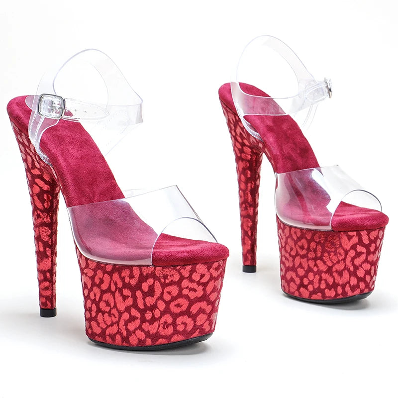 Leecabe 17CM/7inch  PVC upper high heel red Leopard suede platform sexy lady pole dancing sandals ladies shoes