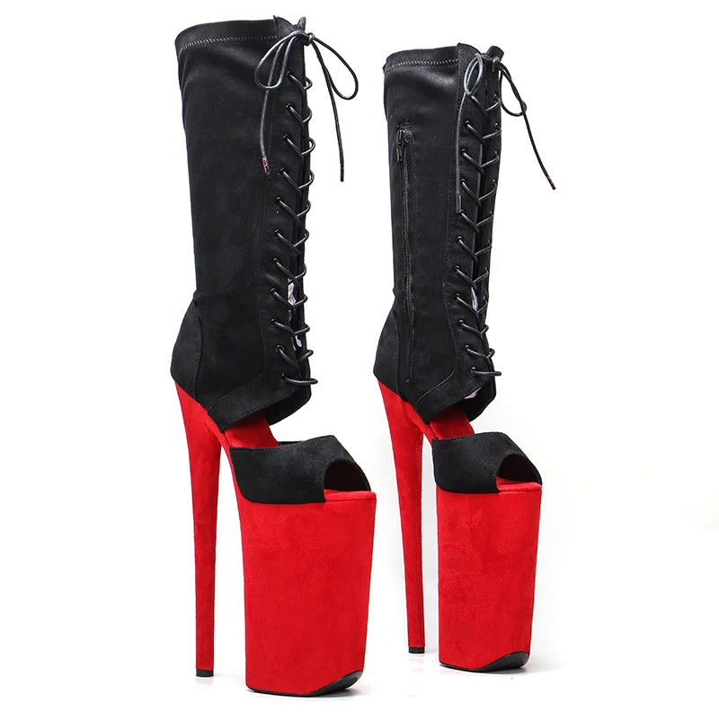 Leecabe 26CM/10 pouces noir avec tige en daim rouge sexy exotique talon haut plate-forme fête bout ouvert chaussures Pole Dance boot