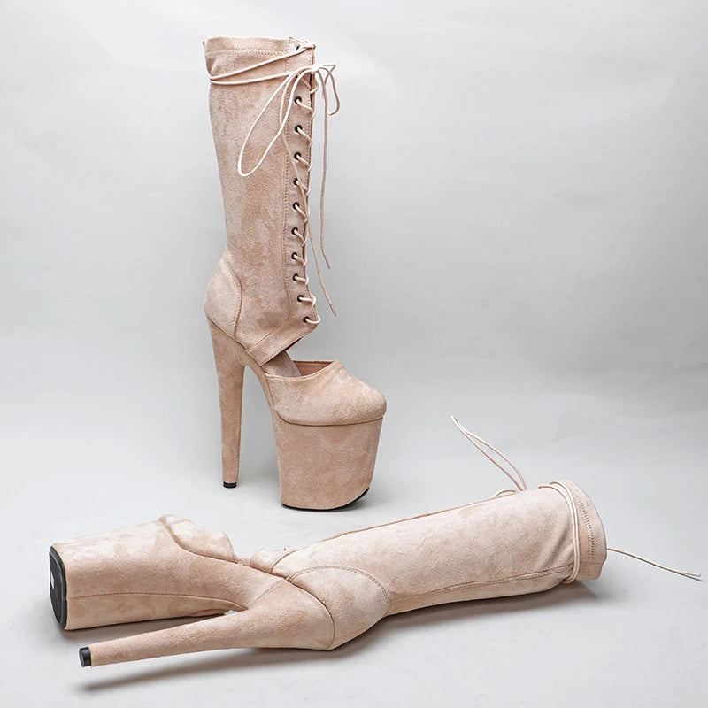 Leecabe Beige Wildleder 20CM/8inches Pole Dance High Heel Plateaustiefel geschlossene Zehenpartie Pole Dance Stiefel