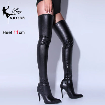 Bottes au-dessus du genou pour femmes noires mates, talons hauts sexy, chaussures élastiques en cuir pour femmes, fermeture éclair latérale, bottes longues à rayures hautes