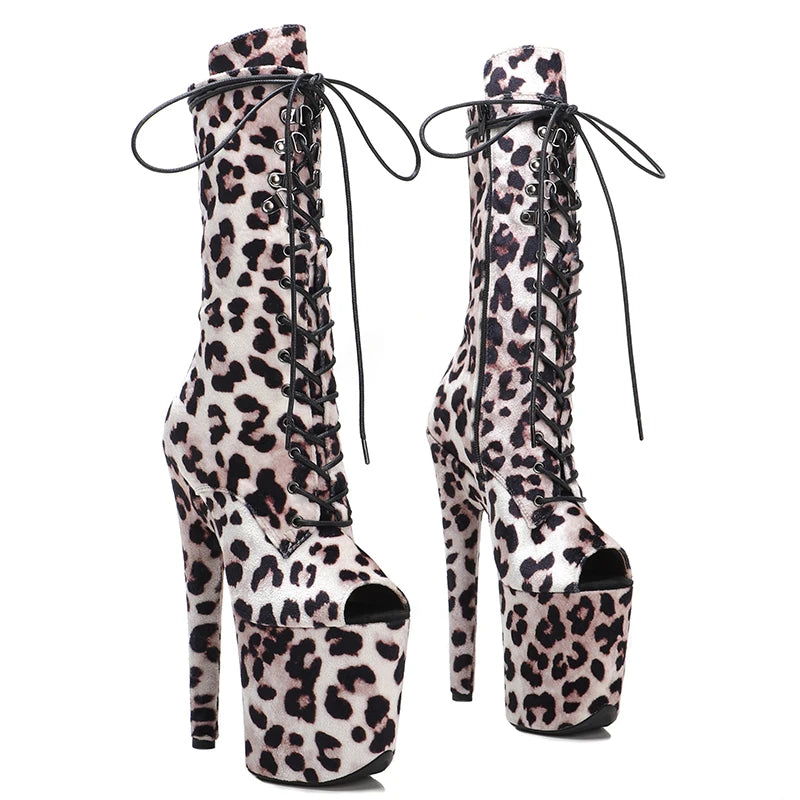 Leecabe 20CM/8Inch lady  Leopard  PU  upper  High Heels Pole Dance boot