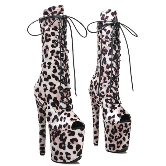 Leecabe 20CM/8Inch Lady Leopard PU Tige Talons Hauts Pole Dance Boot