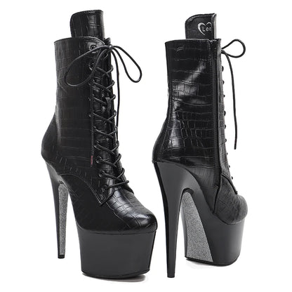 Leecabe 17CM/7inches ankle boots pu upper  black with silver sole   platform high heel  Pole Dance boot