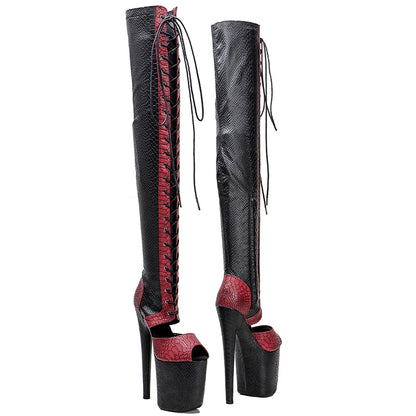 Leecabe 20CM/8Inch Schlange PU OBERTEIL schwarz mit rot farbe Plattform disco party High Heels Schuhe Pole Dance boot