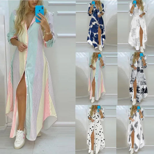 Damen Boho Bedrucktes Langes Hemdkleid Sommer Umlegekragen Langarm Partykleid Weiblich Lässig Abend Maxikleider Vestidos