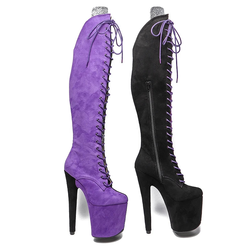 Leecabe 20CM/8 pouces Tige en daim noir avec des chaussures de pole dance violettes Bottes à talons hauts Bottes de pole dance