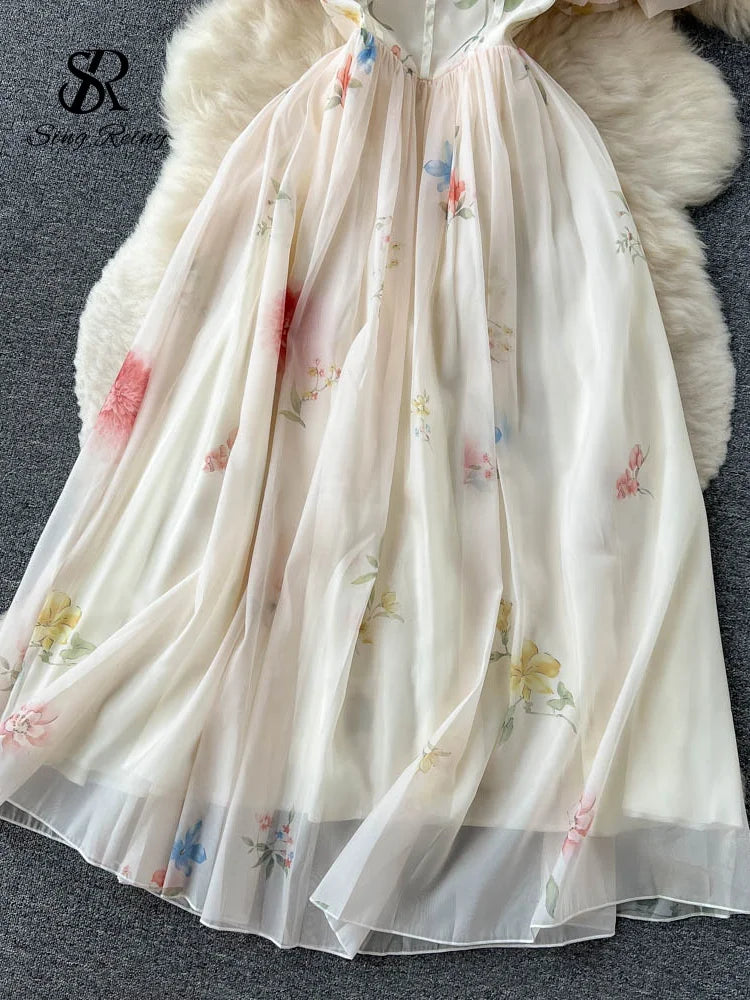 SINGREINY Schulterfreies Sexy Trägerkleid Sommer Trägerloses Korsett Maxi Sommerkleid Damen Rückenfreie Schleife Süßes Print Langes Kleid