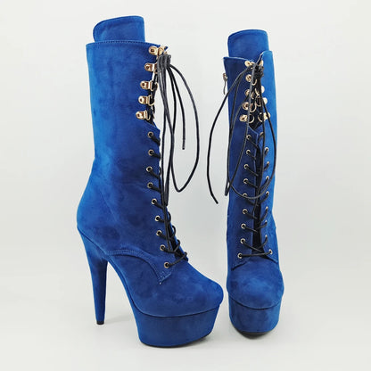 Leecabe Blue Suede 15CM/6inches Pole dancing shoes High Heel platform Boots closed toe Pole Dance booties