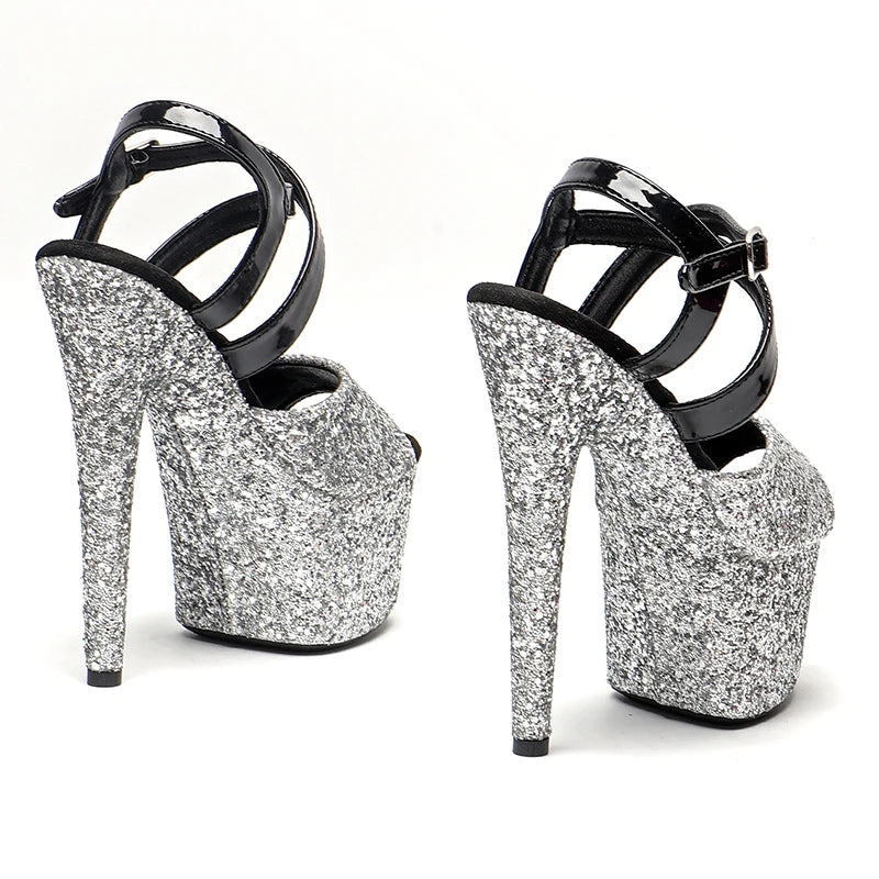 Leecabe 17CM/7Inch   Black  shiny Patent PU with   Silver Glitter party  Platform High Heels Pole Dancing Sandals Shoes