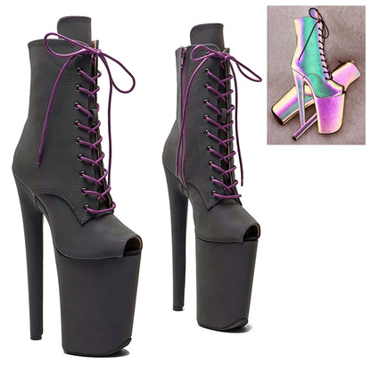 Leecabe 23CM/9 zoll Reflektierende material PU offene spitze Pole dance schuhe High Heels Pole Dance stiefel