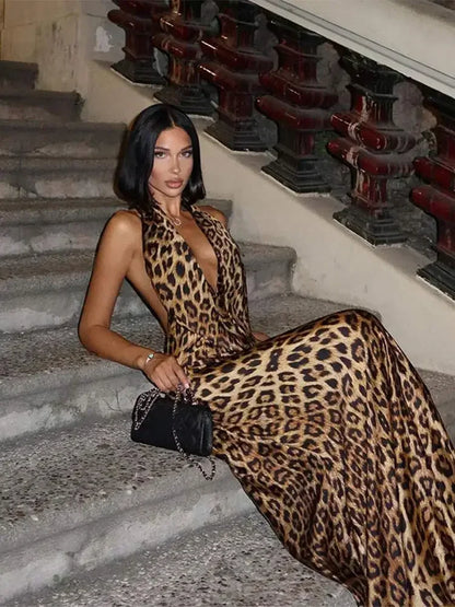 Sexy Backless Leopard Gedruckt Hang-neck Kleid Frauen Mode Lace Up Sleevelss Plissee Maxi Kleider 2024 Sommer Dame Streetwear