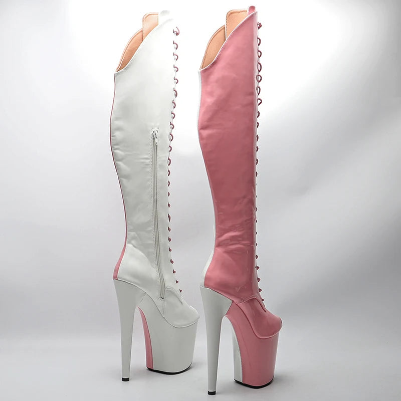 Leecabe 20CM/8inches Patent upper pink with white color High Heel platform  Open  toe Pole Dance boots