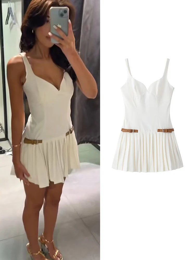 ONKOGENE Frauen Ärmellose Sexy Falten Mini Kleid 2024 Sommer Elegante Dünne Büro Dame Streetwear Kleider Mit Gürtel Vestidos