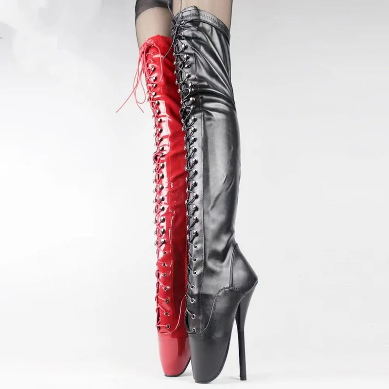 CACA Fetish 18cm/7" Bottes de ballet à talons hauts extrêmes pour femmes, chaussures de pole dance pour hommes, bottines gothiques punk reine croisées