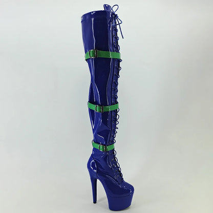 Leecabe Blue PU 17CM/7inches Pole dancing shoes High Heel platform Pole Dance boot