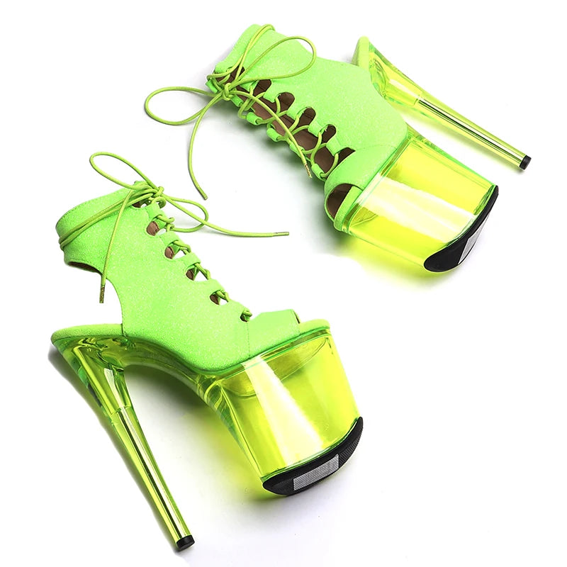 Leecabe 20CM/8 pouces Tige pailletée Tendance Mode Bout ouvert Transparent Couleur verte Talon haut Pole Dance Bottes