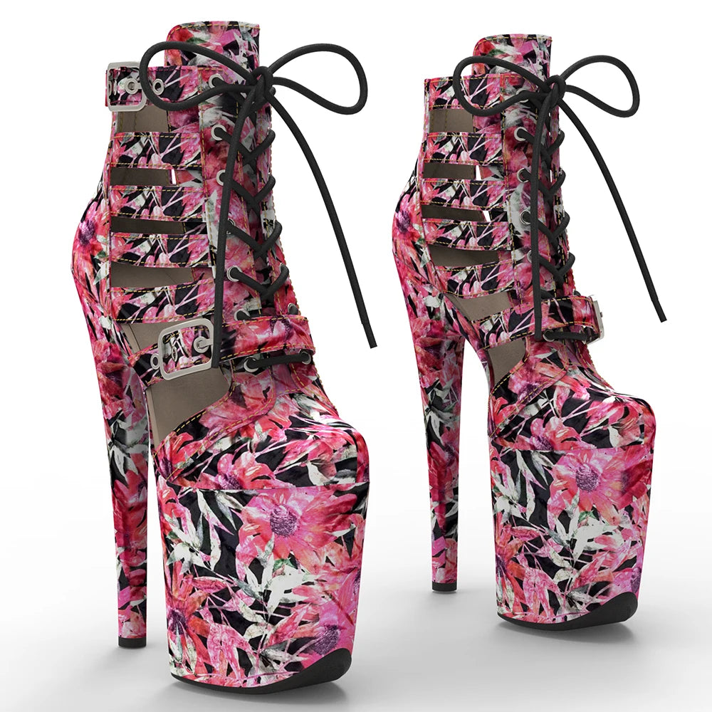 Leecabe  20CM/8inches Beautiful flowers colorful  Color PU  Upper   Fashion trend   platform Pole Dance boot