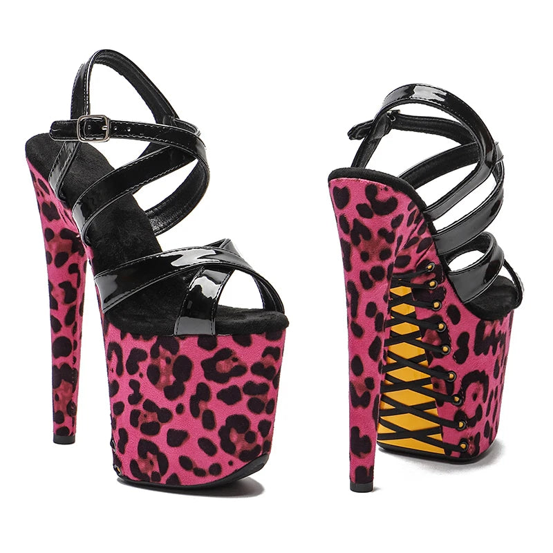 Leecabe 8Inch/20cm Patent  Leopard  lace up Platform Sandals  party High Heels Shoes Pole Dancing Shoes