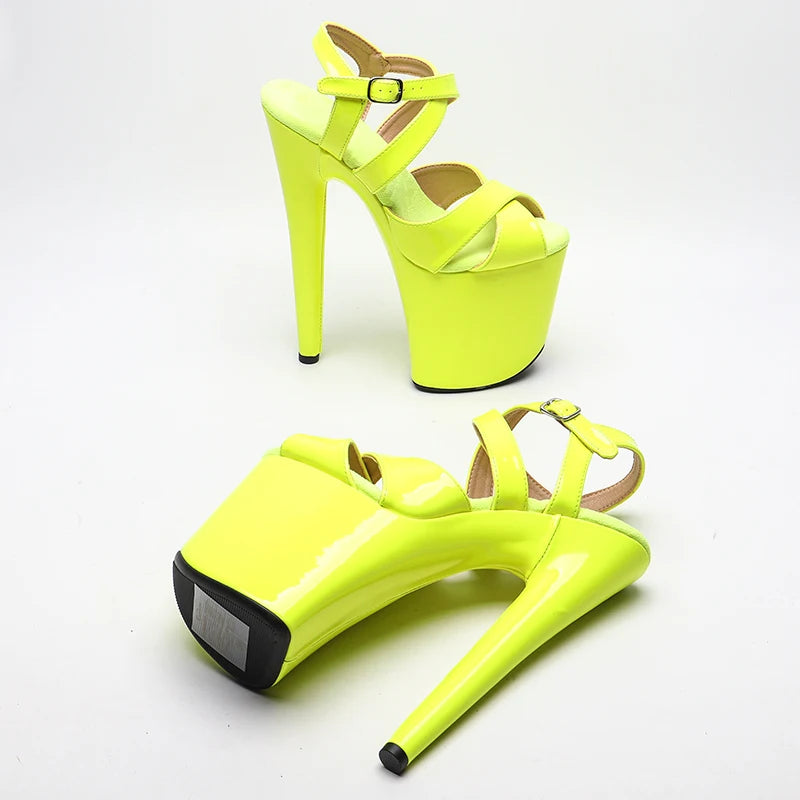 Leecabe 20cm/8inch Brillant Verni PU Couleur Jaune fluo Sandales à talons hauts Modèle sexy Chaussures Pole Dance Chaussures