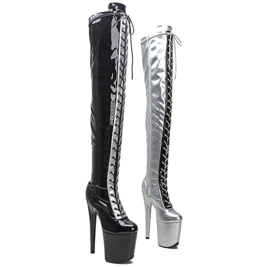 Leecabe 20CM/8Inch PU Tige noire avec argent Exotique Sexy Mode Tendance Plateforme disco fête Talons Hauts Chaussures Pole Dance botte