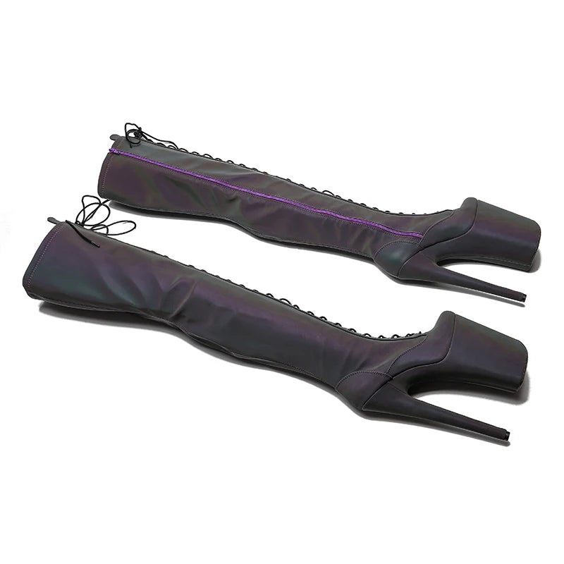 Leecabe 23CM/9 pouces Matériau réfléchissant PU mode dame talon haut plate-forme Pole Dance bottes