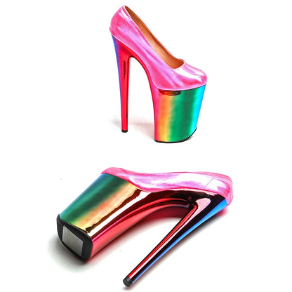 Leecabe 23CM/9inches  shiny patent PU upper fashion trend exotic  colorful electroplate Platform High Heels  Pole Dance shoes