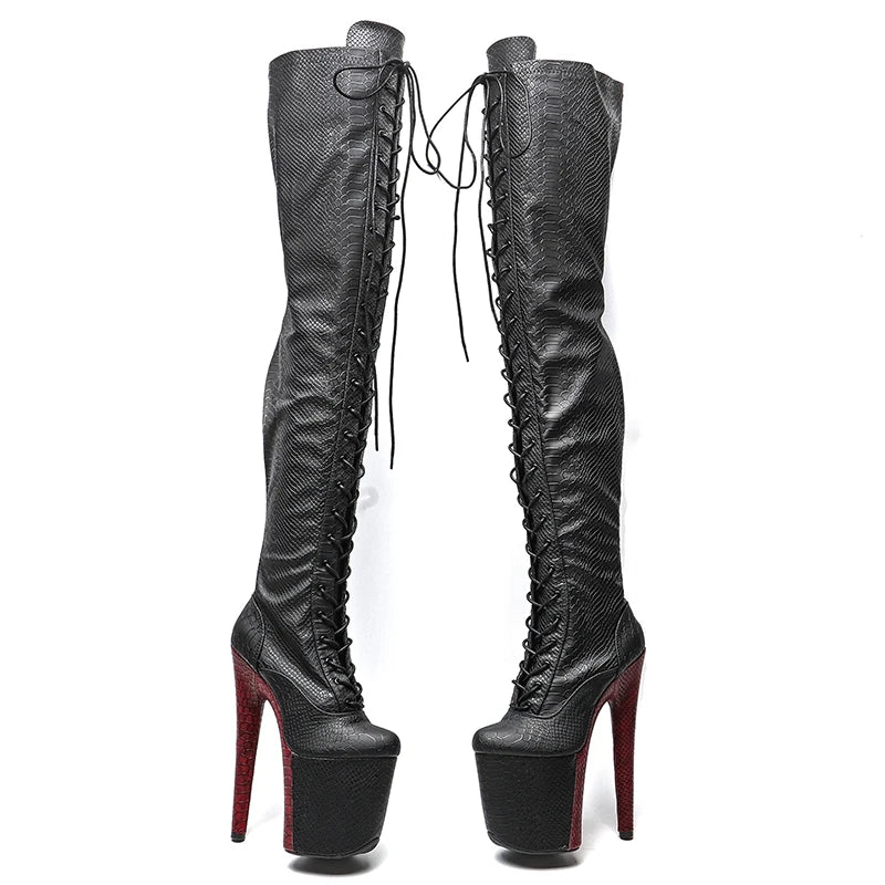 Leecabe 20CM/8 zoll Matte PU Schlange obermaterial Zwei farbe Mix farbe High Heel plateaustiefel geschlossene spitze Pole Dance stiefel