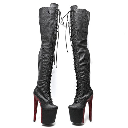 Leecabe 20CM/8 zoll Matte PU Schlange obermaterial Zwei farbe Mix farbe High Heel plateaustiefel geschlossene spitze Pole Dance stiefel