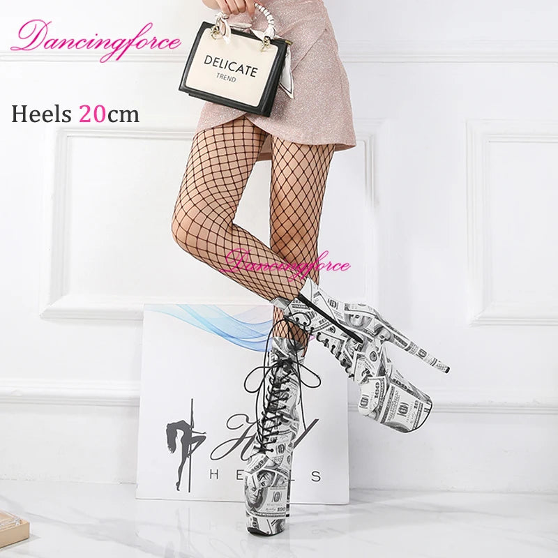 20 cm/8 Zoll Sexy Dollar Print Stripper Plateau Pole Dance Stiefeletten Runde Zehen Kurze Stiefel Dünne Absätze Fetisch Schuhe Damen