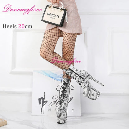 20 cm/8 Zoll Sexy Dollar Print Stripper Plateau Pole Dance Stiefeletten Runde Zehen Kurze Stiefel Dünne Absätze Fetisch Schuhe Damen