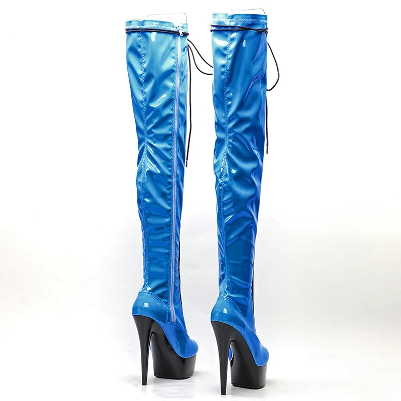 Leecabe 15CM/6Inch bleu verni avec tige noire bottes à talons hauts plateforme bottes de pole dance