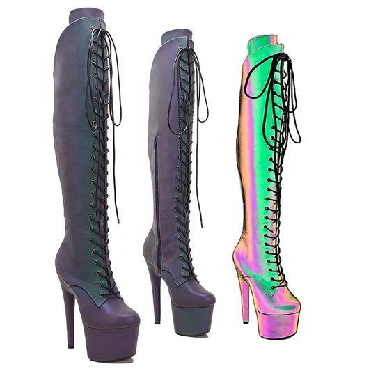 Leecabe 17CM/7inches holographic PU Pole dancing shoes High Heel platform Pole Dance boot