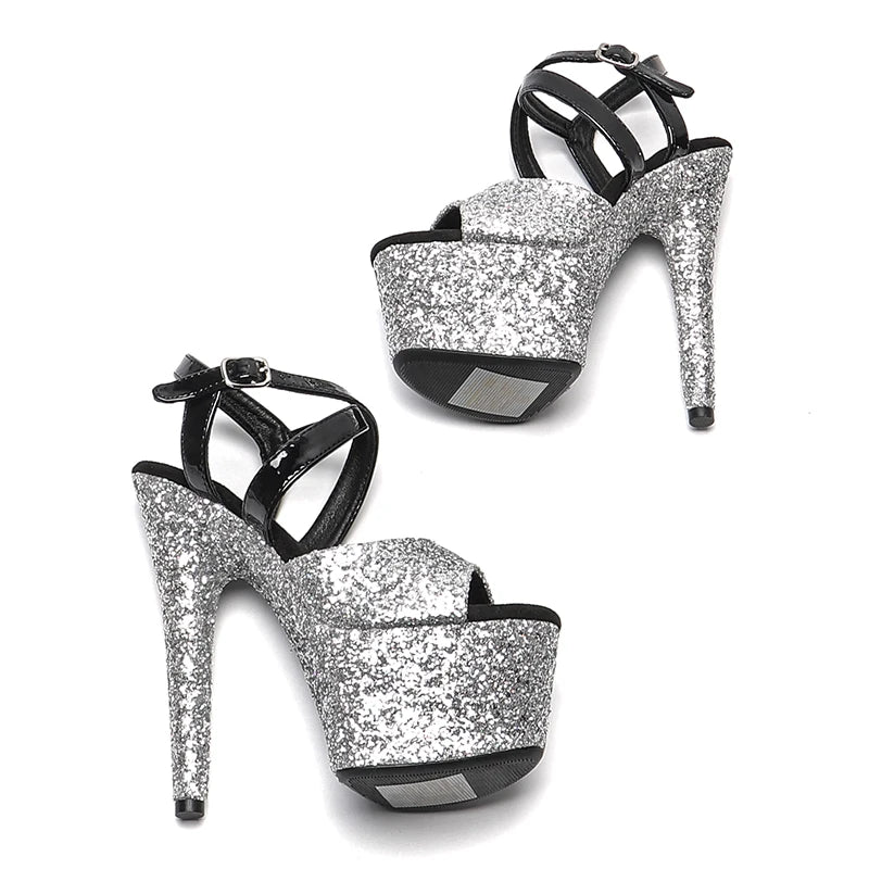 Leecabe 17CM/7Inch   Black  shiny Patent PU with   Silver Glitter party  Platform High Heels Pole Dancing Sandals Shoes