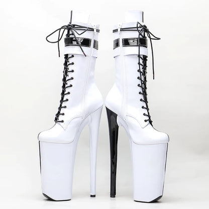 Leecabe  26CM/10inches  Black with white color  patent PU sexy exotic High Heel platform party shoes Pole Dance boot