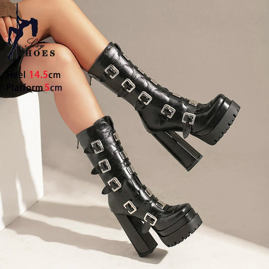 Cosplay Damen Plateaustiefel Gothic Style Nachtclub Lady Heels Schnallenriemen Ritterstiefel 14,5CM Winter Schwarze Schuhe Größe 35-43