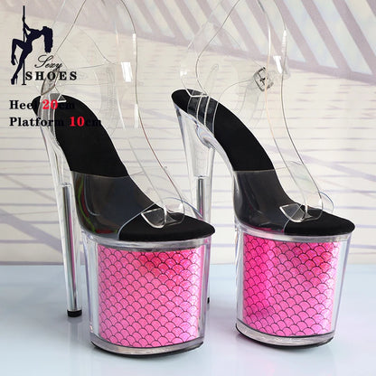 Colorful Fish Scale Pole Dancing Shoes Open Toe Crystal Platform High Heels Sexy 17CM 20CM Sandals Women Party Stripper Shoes