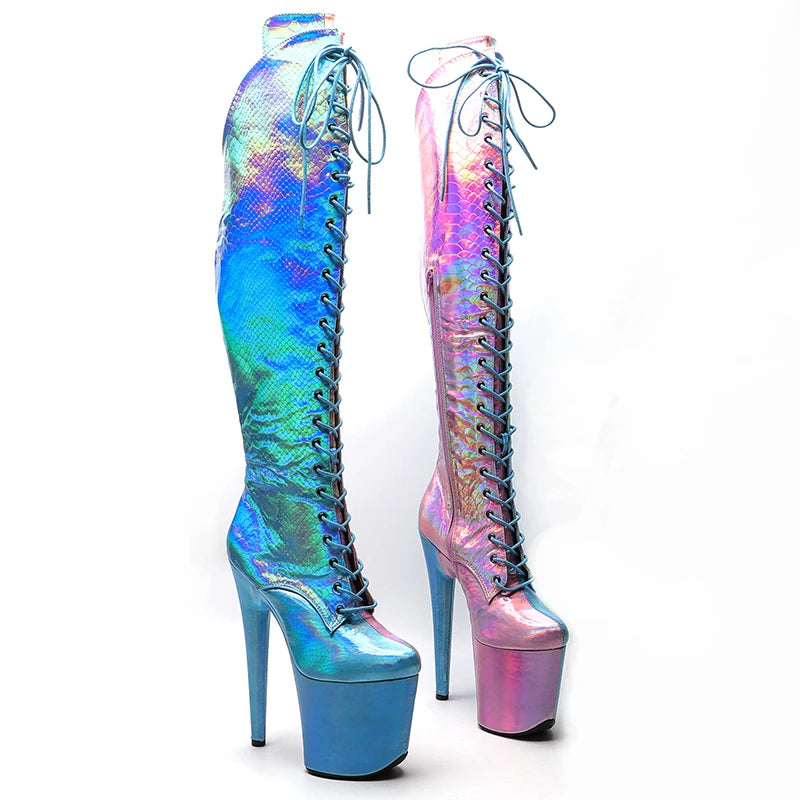 Leecabe Holo Pink mit Blau 20CM/8inch Pole Dancing High Heel Plateaustiefel mit Spitze und Reißverschluss