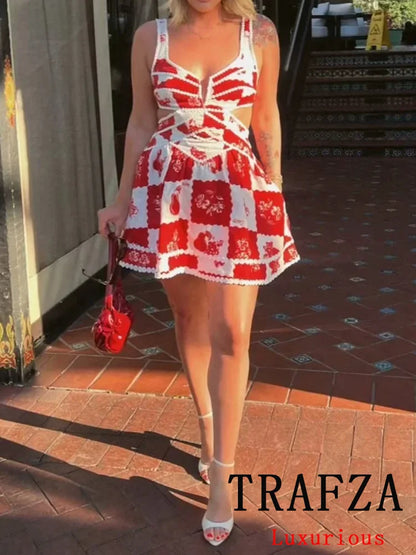 TRAFZA Vintage Sexy Chic Frauen Kleid Drucken Aushöhlen Leibchen Vestidos Neue Mode 2024 Sommer Urlaub Mini Party Kleid