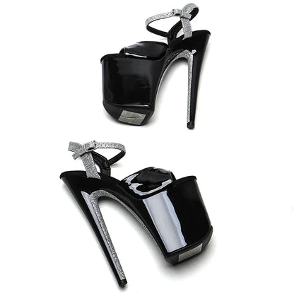 Leecabe 20cm/ 8inches Patent PU  Upper  black-silver glitter  platform  high heel  open toe sandals  pole dance shoes