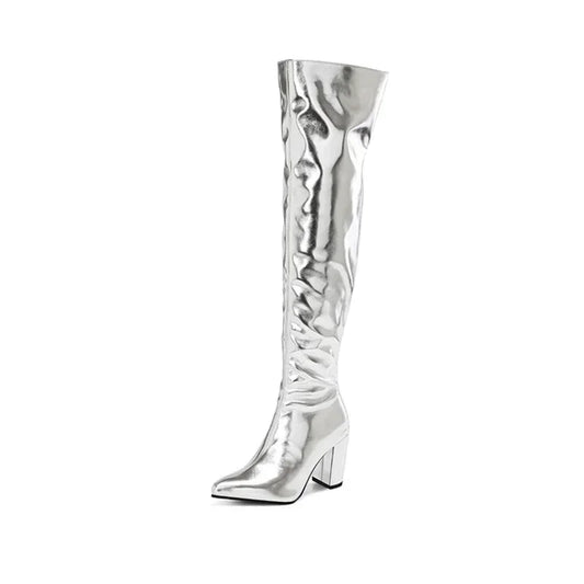 Over Knee Silver Boots Side Zipper Pointed Metal Soft Leather Fashion white/Red Patent Leather Boots 32-46 Racing Model Boots