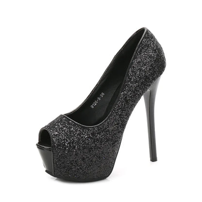 CACA 2023 Escarpins à plateforme pour femmes, chaussures de fête sexy en tissu à paillettes, talons hauts peu profonds, 14 cm, bout ouvert, noir, argent, livraison directe