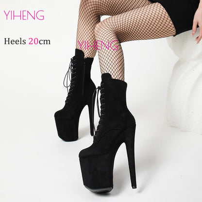 20cm Sexy Black Platform Pole Dance Shoes High Heels Laces Round Toe Low Leg Stripper Heels Black Suede Ankle Boots